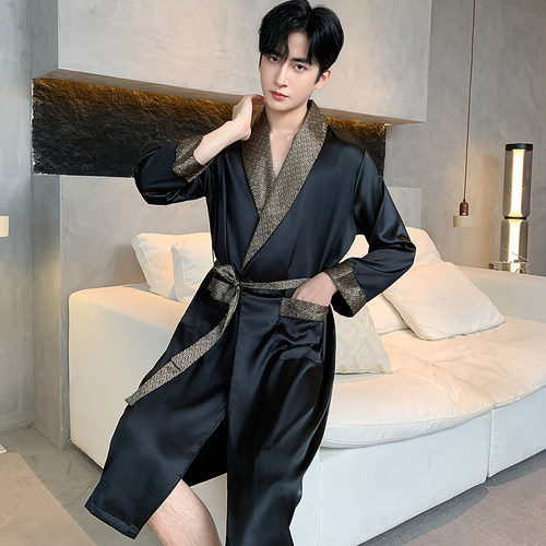 2026新款春秋冰丝男士睡袍长袖透气薄款浴袍丝绸家居服春夏季大码