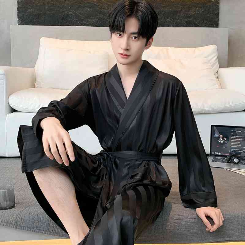 男士睡袍春秋款冰丝薄款高级感条纹丝绸睡衣长袖男款浴袍浴衣晨袍