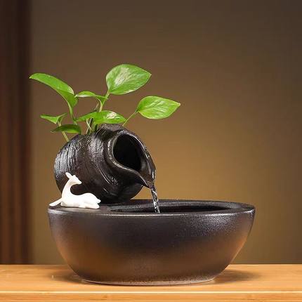 不插电源流水摆件USB充电陶瓷桌面流水摆件蓄电20H不插电招财摆件