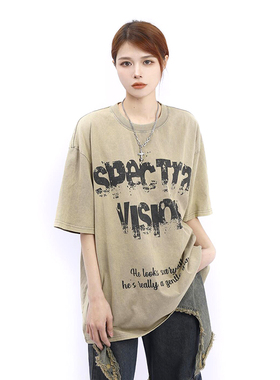 KKBBU美式高街水洗做旧复古t恤夏季hiphop宽松圆领短袖男女半袖潮