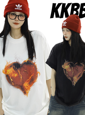 KKBBU美式街头复古爱心火焰重磅t恤男女小众设计做旧宽松短袖情侣