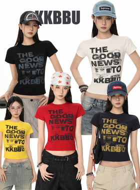 KKBBU美式复古辣妹字母印花正肩短袖T恤女新款修身显瘦百搭上衣潮