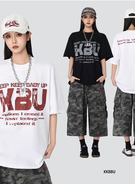 KKBBU美式复古字母印花短袖T恤男女夏季新款街头宽松bf情侣上衣潮