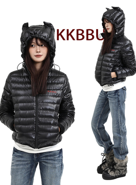 KKBBU新国标90白鸭绒排骨羽绒服正肩短款女小狗耳朵连帽黑色外套