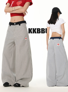 KKBBU美式复古小众设计条纹阔腿裤女慵懒宽松休闲直筒阔腿拖地裤
