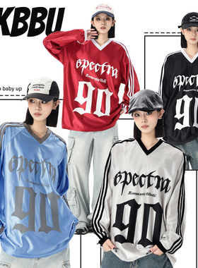 KKBBU秋冬美式复古数字运动球衣blokecore长袖t恤情侣宽松上衣潮