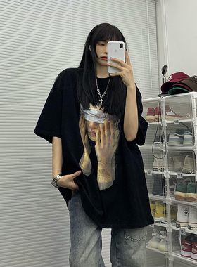 KKBBU欧美高街设计感印花短袖男女美式复古国潮嘻哈宽松t恤情侣夏