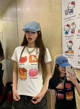KKBBU原创美式凯蒂猫印花正肩重磅短袖t恤女夏季新款百搭圆领上衣