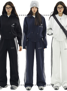 KKBBU美式复古三条杠运动套装男女情侣宽松慵懒外套卫衣两件套潮