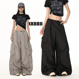 KKBBU美式复古速干多口袋工装裤女宽松直筒阔腿休闲运动抽绳长裤