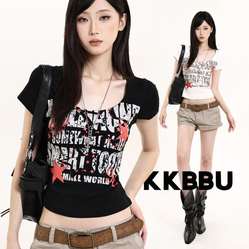 KKBBU辣妹风U领短款短袖T恤女