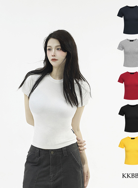 KKBBU【显身材】美式复古纯色圆领正肩短袖t恤女夏季新款修身上衣