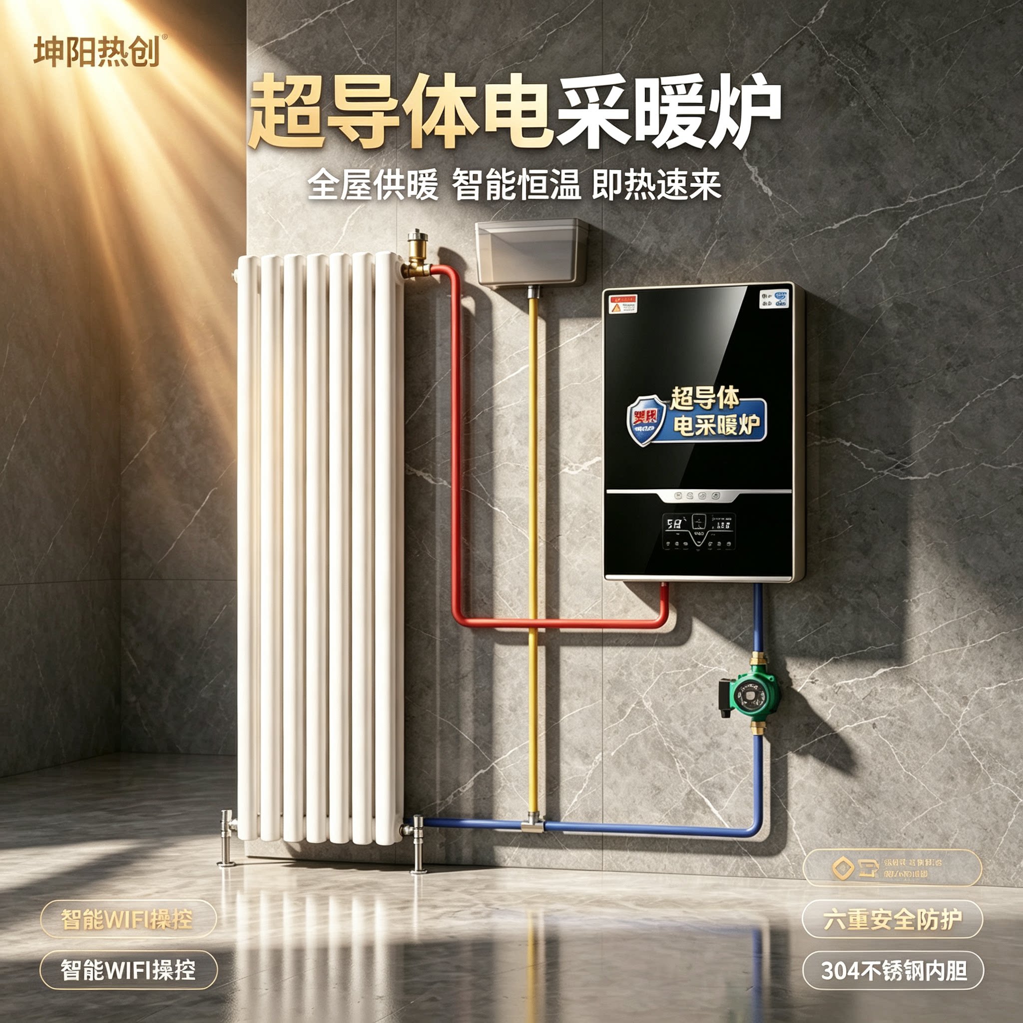 坤阳热创超导体电采暖炉家用220V智能恒温电锅炉全屋供暖WIFI操控
