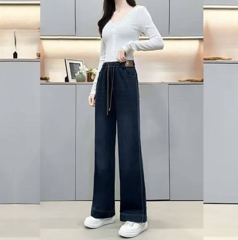 针织软牛仔直筒裤女春秋2025新款高腰显瘦窄版阔腿女裤秋季