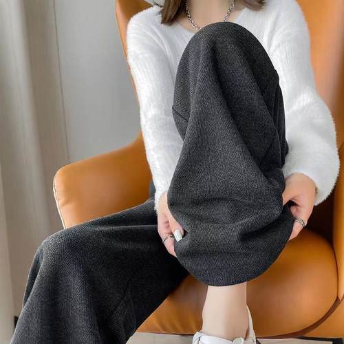 人字纹毛呢裤阔腿直筒裤女新款高腰裤垂感休闲裤