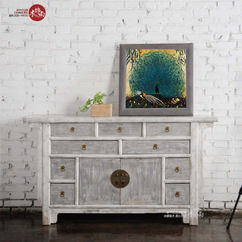 新中式简约实木家具9屉2门玄关柜门厅柜装饰柜灰白色做旧复古新品