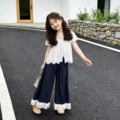 童装2026夏季新款洋气女童蕾丝花边短袖上衣宽松阔腿裤套装中大童