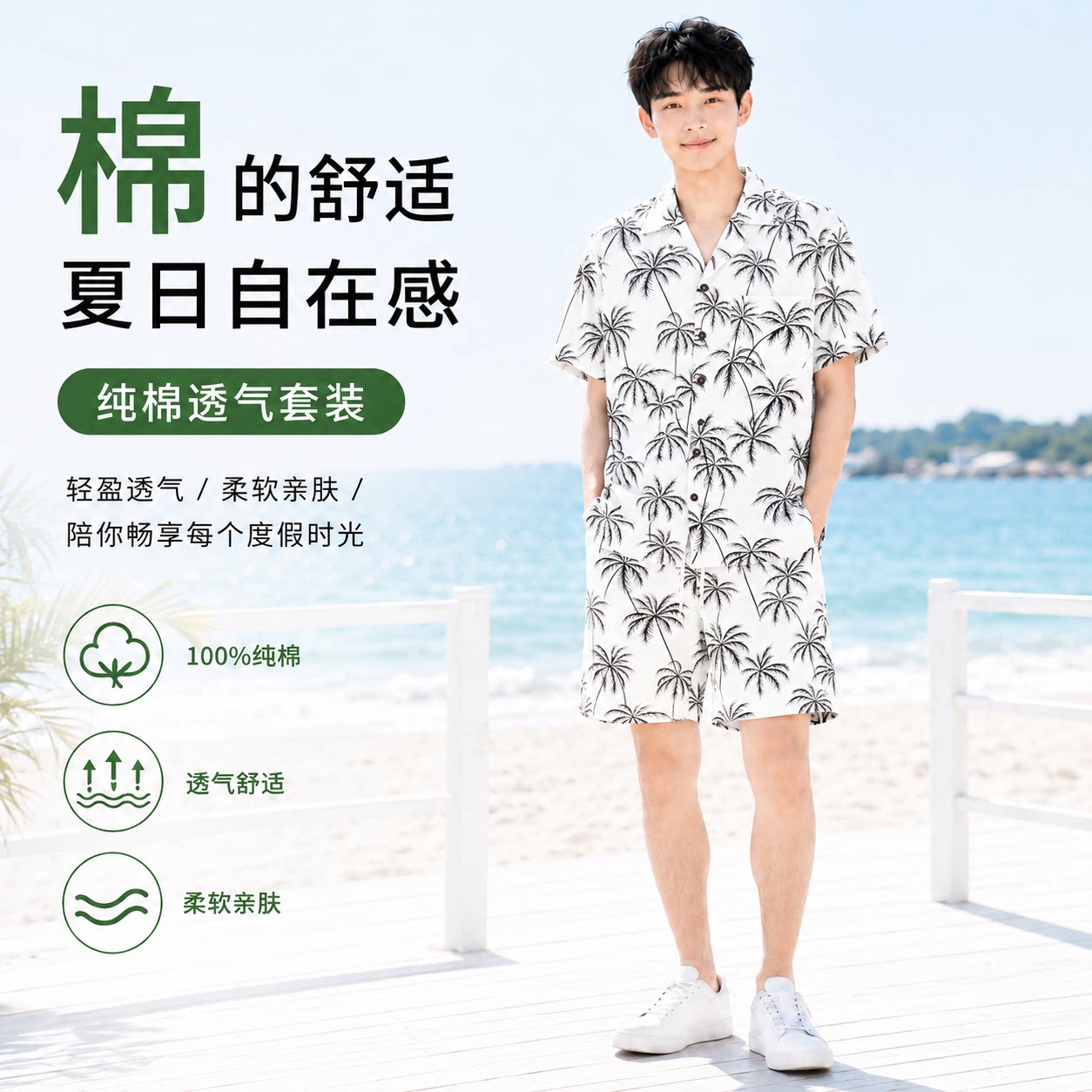 夏威夷椰树印花纯棉透气套装男
