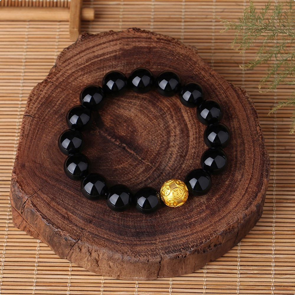 黑曜石手串男款蛇年本命年转运珠招财黄金铜钱情人节礼物男女手链