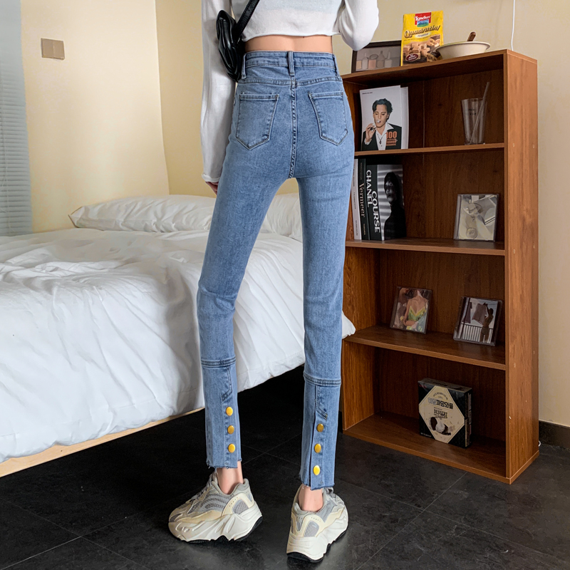 Spring new high waist elastic small straight back split nine point denim straight pants