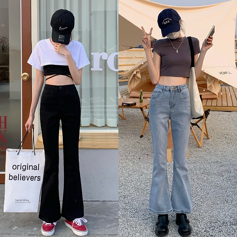 實拍實價春季新款高腰彈力微喇牛仔長褲女