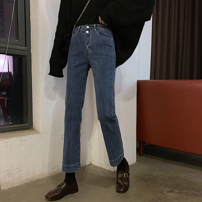 Real price autumn and winter new double button elastic straight tube jeans pants