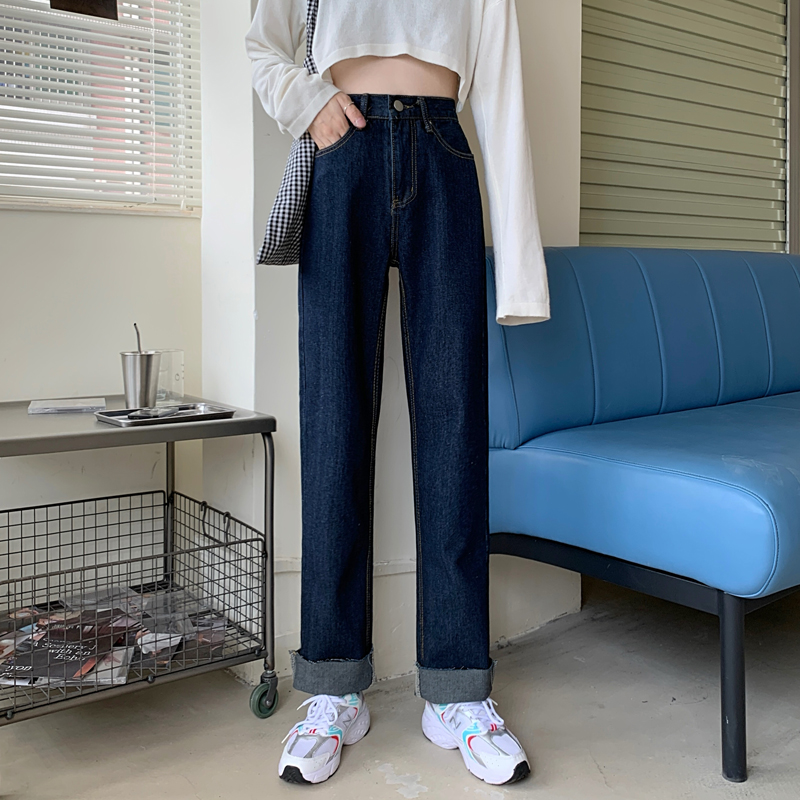 Real price autumn and winter dark blue high waist open line straight tube jeans pants woman