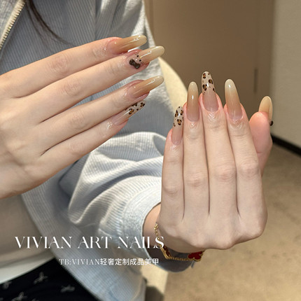 【焦糖猫咪】Vivian秋冬裸色奶茶渐变kitty豹纹手工穿戴甲Y860款