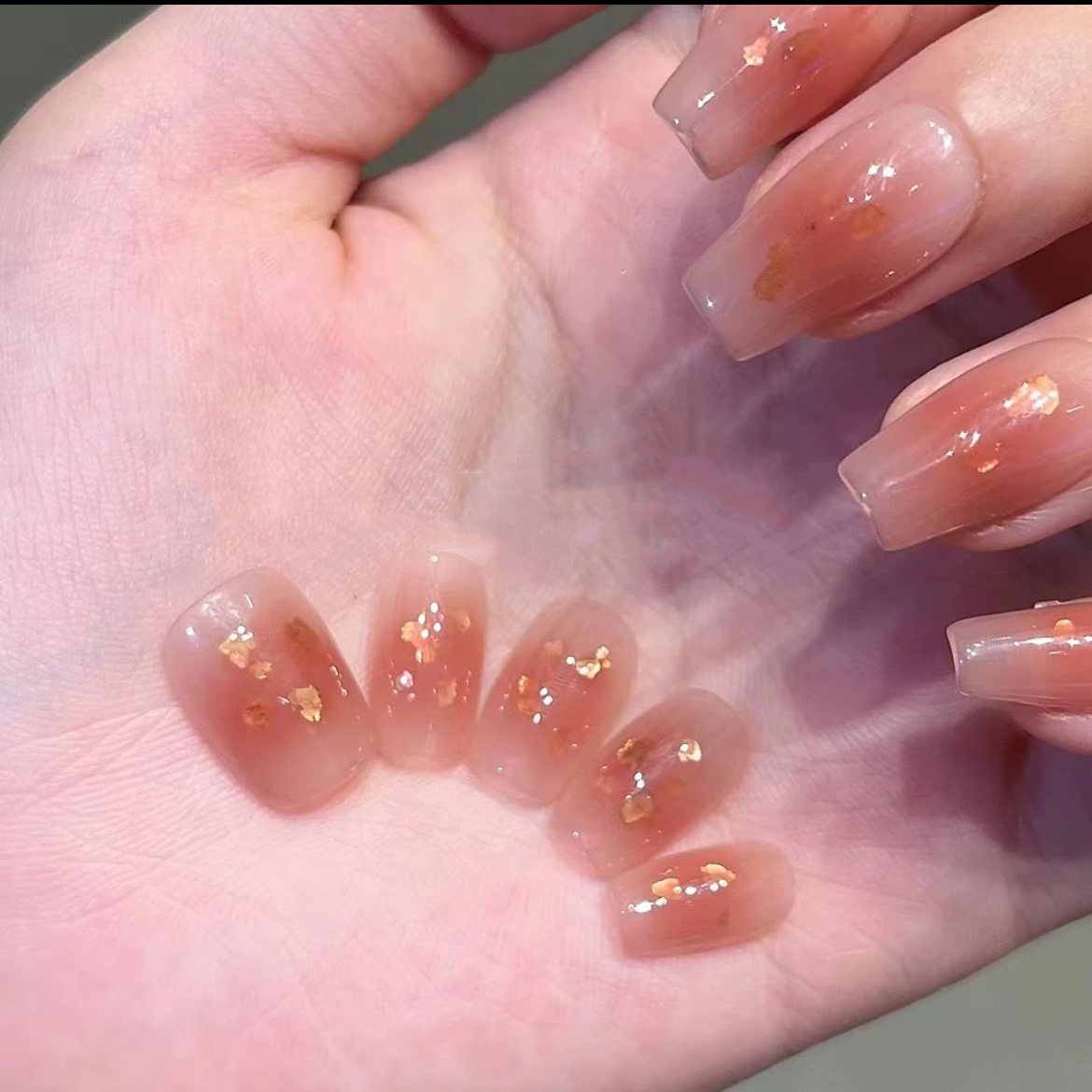 vivian番茄色金箔假指甲手工穿戴甲显白美甲可拆卸持久355款