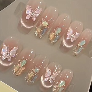 Vivian爆款蝴蝶精灵清透裸色指甲手工穿戴甲显白美甲可拆卸B58款