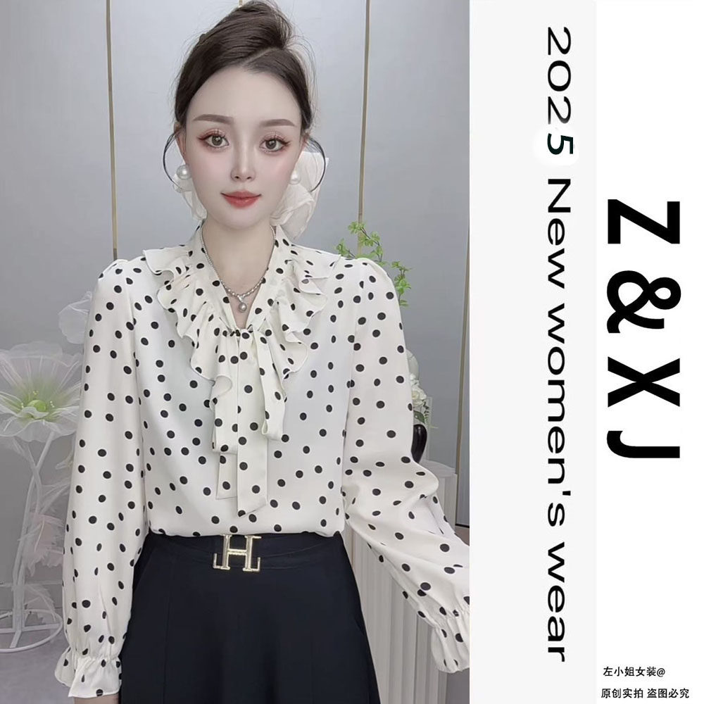 设计感高级飘带衬衫女秋季2025新款波点上衣韩版蝴蝶结衬衣长袖