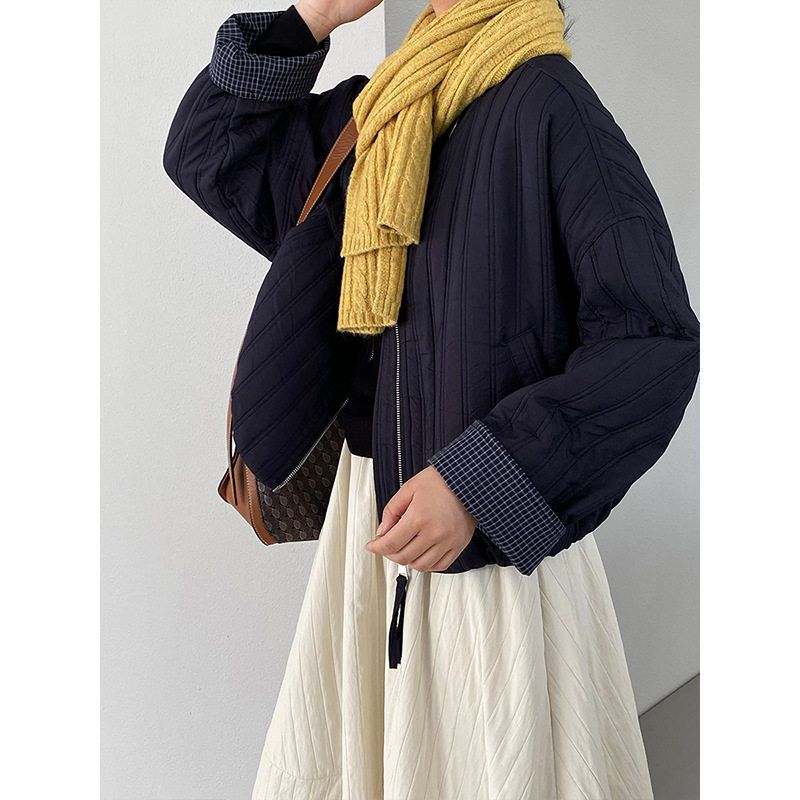 韩系轻薄款棉服外套女2025秋冬新款撞色百搭短款休闲夹克保暖棉衣