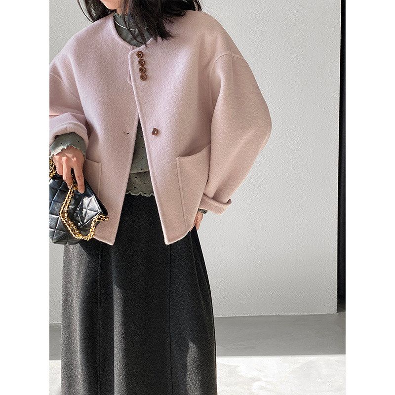 韩系香芋色韩系廓形圆领小个子双面羊毛外套女2025冬季新宽松上衣