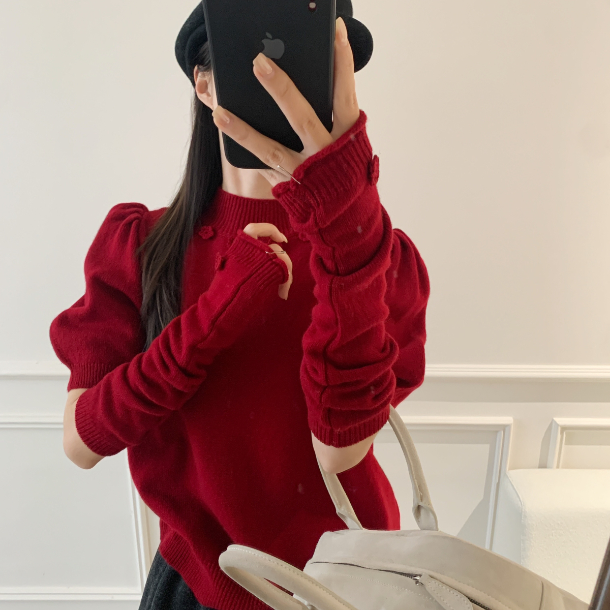 芭妮Bonnet-miu系千金.泡泡袖勾花袖套套头保暖毛衣（含100绵羊毛