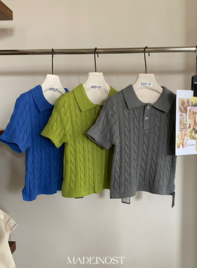 MADEIN OST-美式复古Polo领绞花短袖毛衣针织衫