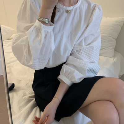 OMELET蛋卷 -秋上新韩系甜美百搭圆领多褶泡泡袖小衫衬衫
