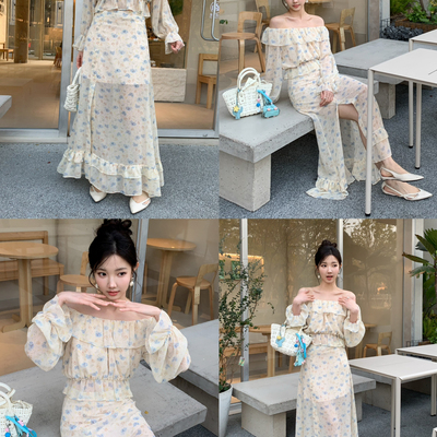 ZY GODDESS-出游度假荷叶边一字肩翻领小衫+高腰半身裙两件套套装