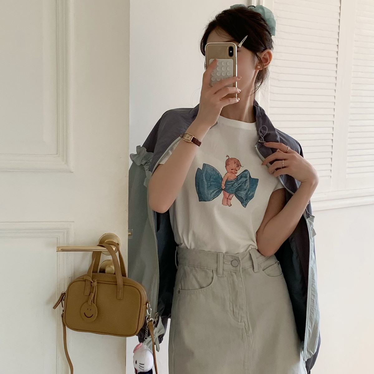 OMELET蛋卷-26年早春上新韩系简约百搭蝴蝶结小孩直喷印花短袖T恤