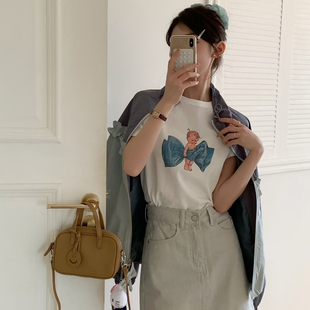 OMELET蛋卷-26年早春上新韩系简约百搭蝴蝶结小孩直喷印花短袖T恤