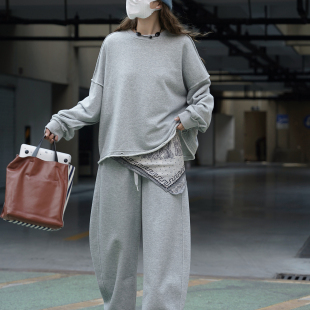 卢浮Sei秋季 卫衣外露缝线设计卫衣 上新简约百搭圆领宽松灰色长款