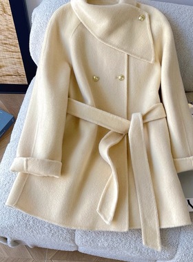 TOO家-款翻领金扣收腰毛呢外套千金风羊毛外套(配腰带)
