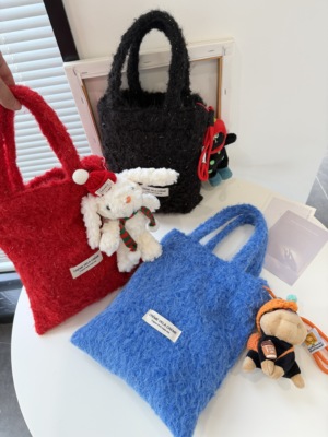 冬新款毛绒绒彩色可爱女小斜挎包撞色手提包毛毛手拎包包便携收纳