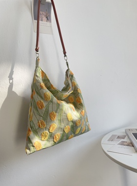 原创小众设计夏季新款黄色郁金香布包单肩包包女包小清新布袋子花