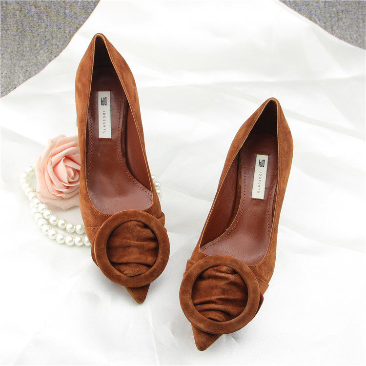 2020新款细高跟单鞋欧美圆形搭扣羊京皮尖头浅口真皮底时尚女鞋