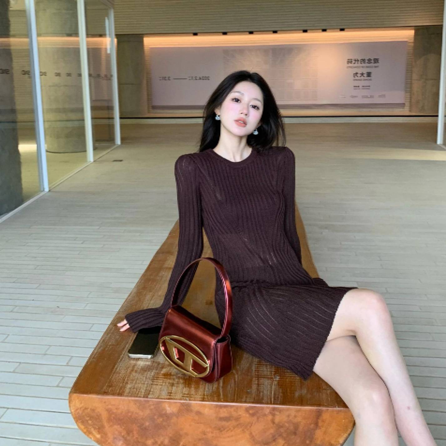 超好看针织长袖连衣裙修身显瘦气连衣裙