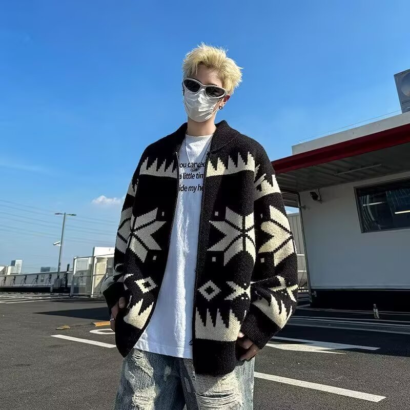 个性百搭潮流翻领针织衫男2024秋季新款时尚小众休闲高级感毛衣潮