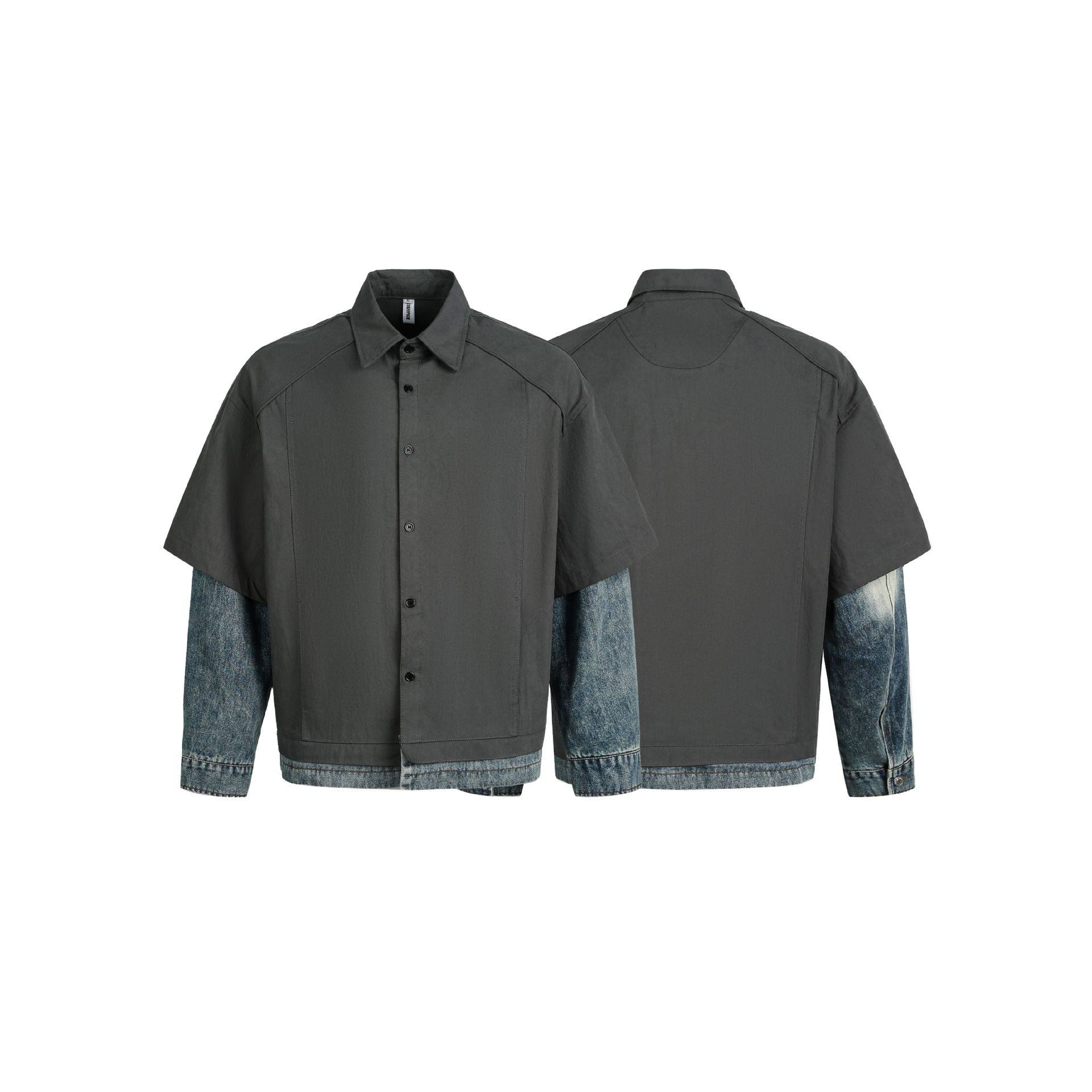 美式复古假两件牛仔拼接衬衫外套女秋季新款设计感宽松衬衣上衣潮