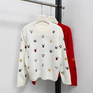 高 25年秋冬亲肤软糯洋气减龄毛衣女 卡通图案刺绣圆领针织衫
