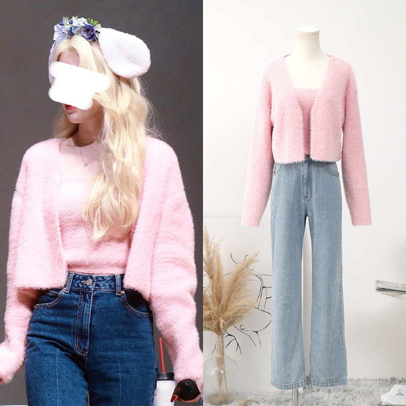 [现货]叶舒华同款粉色两件套毛衣设计感减龄甜美时尚针织上衣女秋