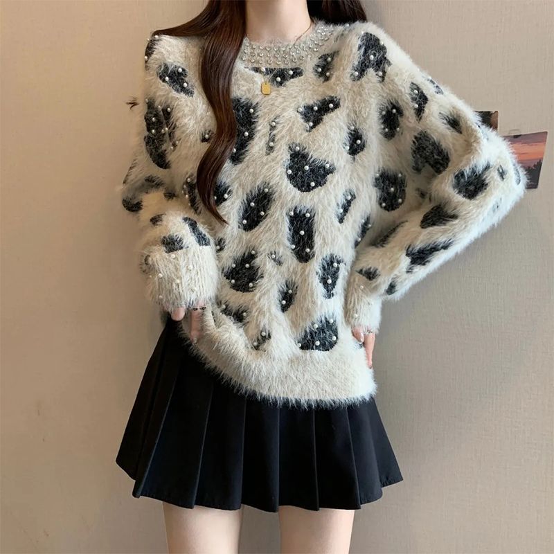 新款钉珠圆领仿水貂绒豹纹毛衣秋冬加厚外穿小个子针织衫打底上衣